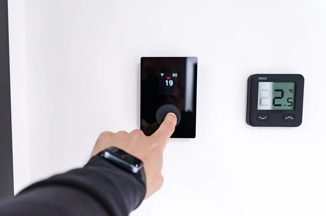 Modern living room with smart home technology controls